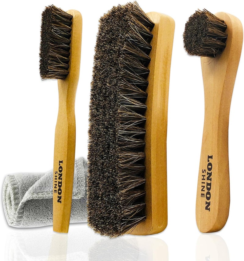 London Shine 4 Pcs Horsehair Shine Shoes Brush Kit Dauber Applicator for Cleaning Leather Shoes Boots Suede Cleaner Brush Buffing Brush with Microfiber Shoe Cleaning Cloth Premium Shoe Polish Kit. - Image 1